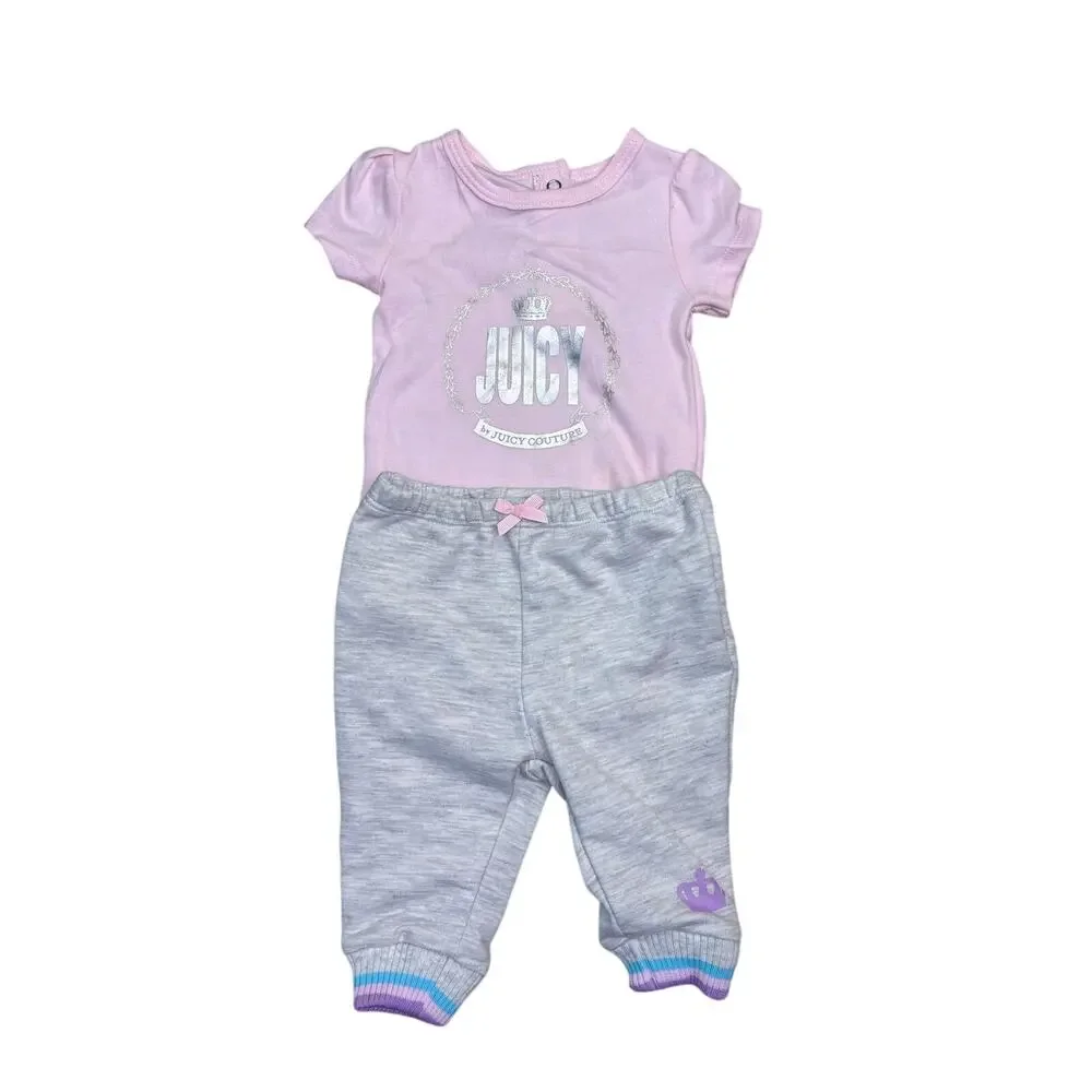 Juicy Couture Baby 2 Pc Outfit Set 0-3 Months Pink Logo Bodysuit Gray Pants NWT